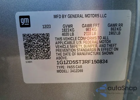 2024 Chevrolet Malibu Lt z USA, uszkodzony, nr VIN 1G1ZD5ST3RF150834